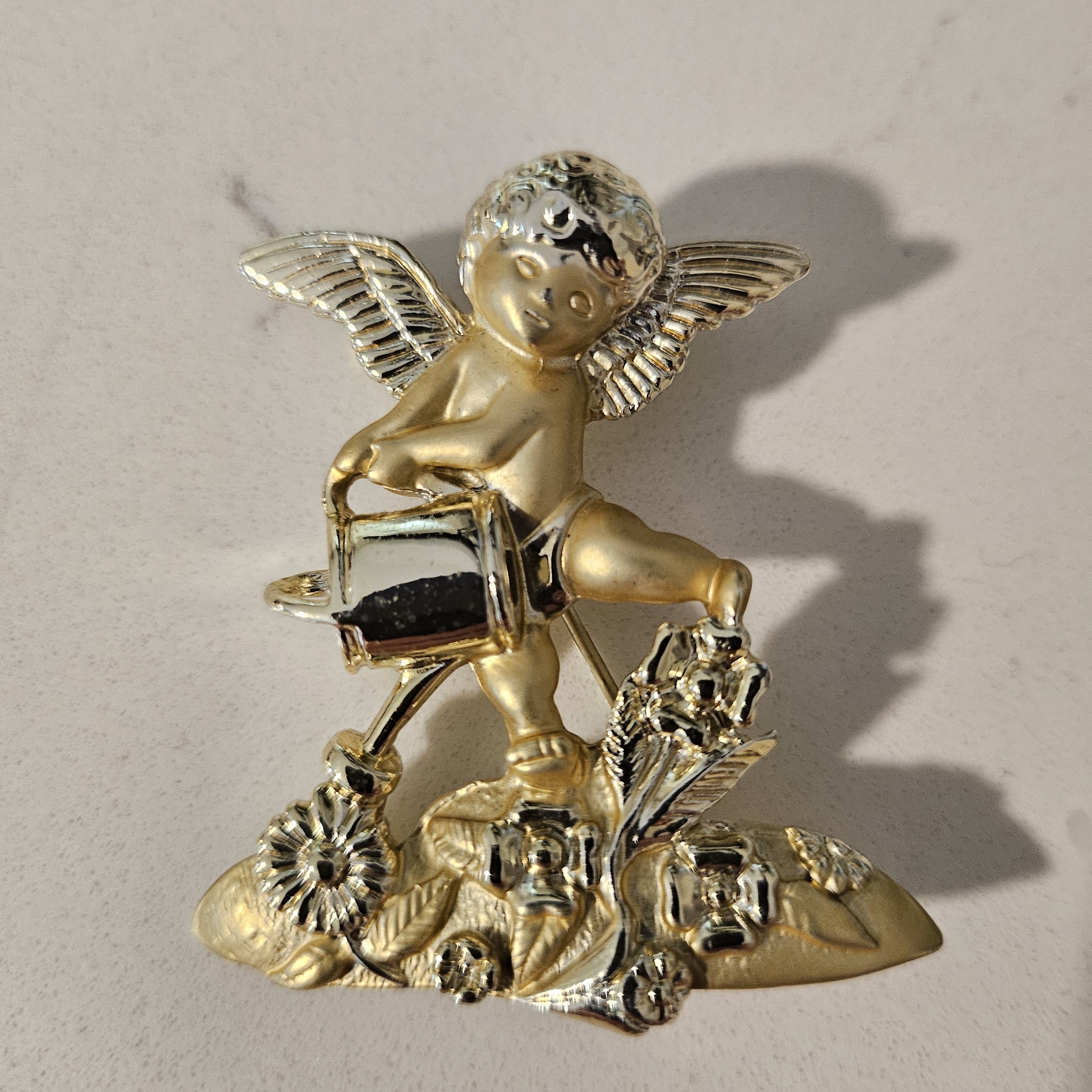 Gold Angel Cherub Figurine Watering Plants Brooch/Pendent